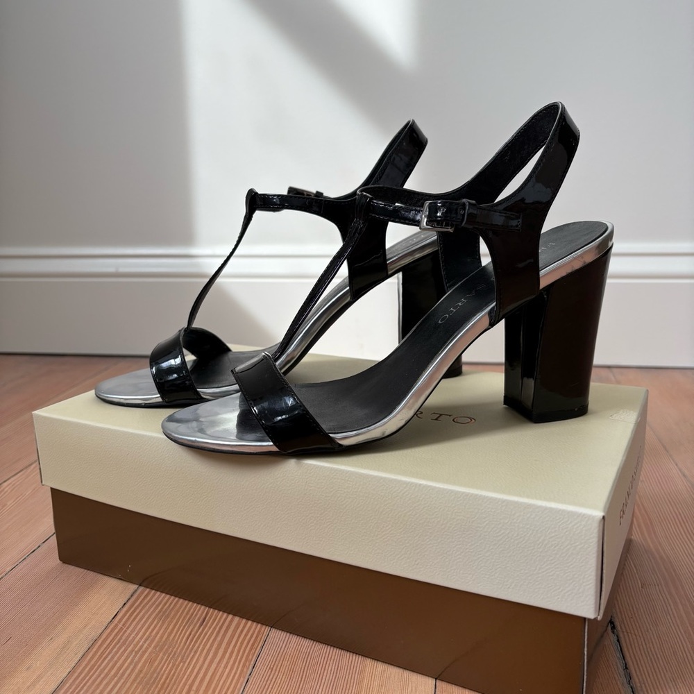 Franco Sarto Black Silver Patent Strappy Heels
